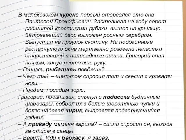 В мелеховском курене первый оторвался ото сна Пантелей Прокофьевич. Застегивая на ходу