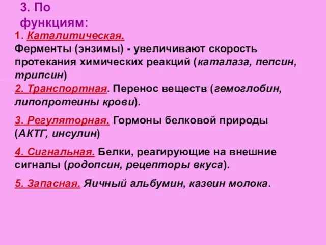 3. По функциям: 1. Каталитическая. Ферменты (энзимы) - увеличивают скорость протекания химических