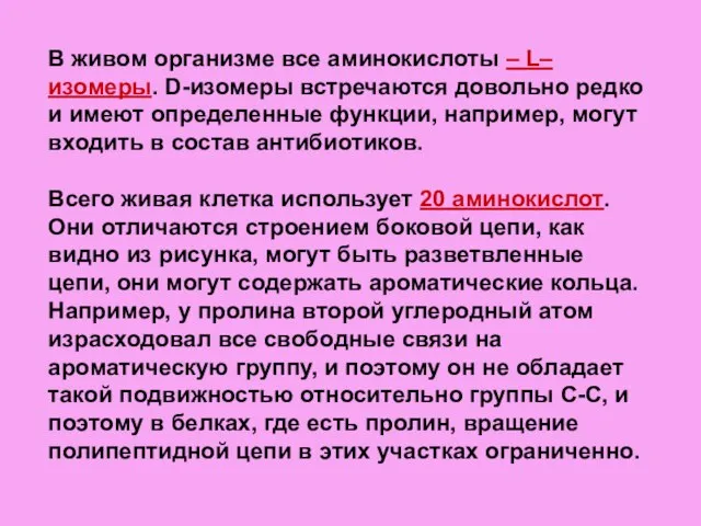 В живом организме все аминокислоты – L–изомеры. D-изомеры встречаются довольно редко и