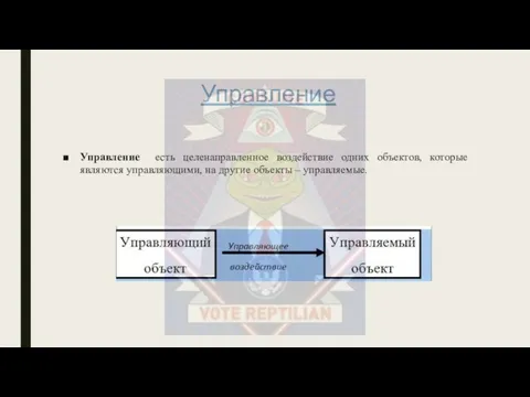 Управление есть целенаправленное воздействие одних объектов, которые являются управляющими, на другие объекты – управляемые. Управление