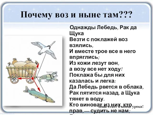 Почему воз и ныне там??? Однажды Лебедь, Рак да Щука Везти с