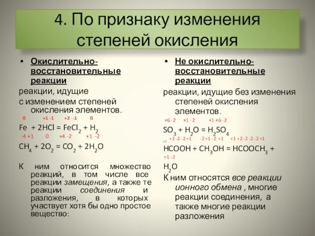 4. По признаку изменения степеней окисления Окислительно-восстановительные реакции реакции, идущие с изменением