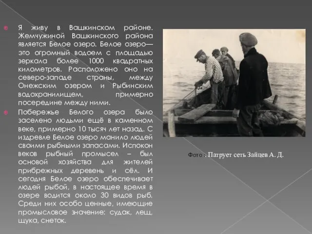 Я живу в Вашкинском районе. Жемчужиной Вашкинского района является Белое озеро. Белое