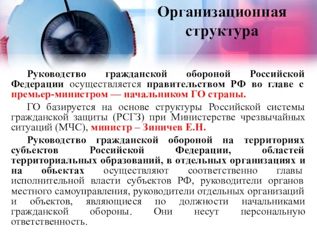 Организационная структура Руководство гражданской обороной Российской Федерации осуществляется правительством РФ во главе