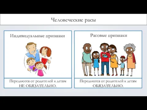 Человеческие расы м Индивидуальные признаки Расовые признаки Передаются от родителей к детям