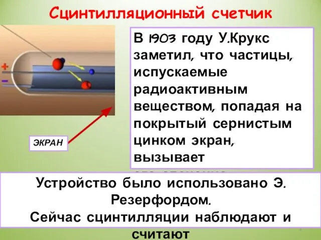 Сцинтилляционный счетчик ЭКРАН В 1903 году У.Крукс заметил, что частицы, испускаемые радиоактивным