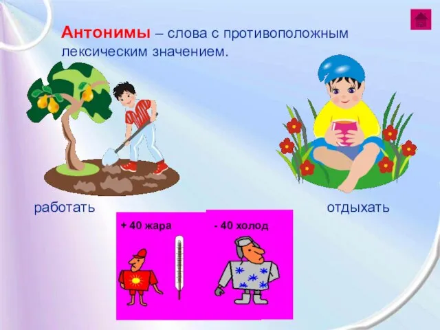 работать отдыхать Антонимы – слова с противоположным лексическим значением. + 40 жара - 40 холод