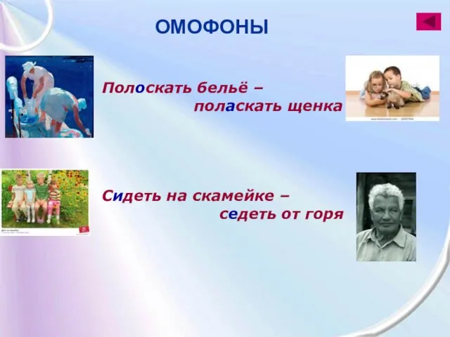 Полоскать бельё – поласкать щенка Сидеть на скамейке – седеть от горя ОМОФОНЫ