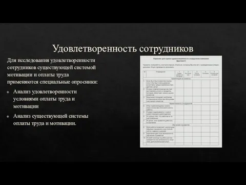 Удовлетворенность сотрудников Для исследования удовлетворенности сотрудников существующей системой мотивации и оплаты труда