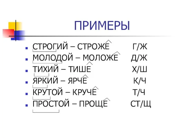 ПРИМЕРЫ СТРОГИЙ – СТРОЖЕ Г/Ж МОЛОДОЙ – МОЛОЖЕ Д/Ж ТИХИЙ – ТИШЕ