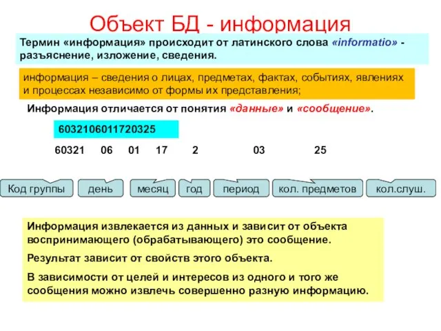 Объект БД - информация Термин «информация» происходит от латинского слова «informatio» -