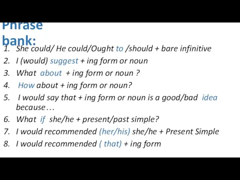 Phrase bank: She could/ He could/Ought to /should + bare infinitive I