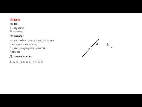 Задача. Дано: a – прямая; M – точка; Доказать: через любую точку