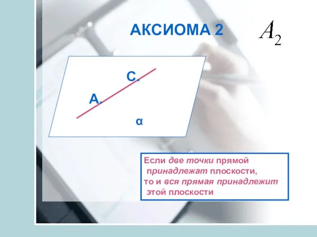 АКСИОМА 2 А. С. α Если две точки прямой принадлежат плоскости, то