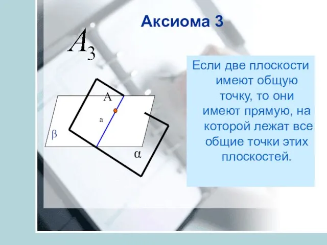 Аксиома 3 Если две плоскости имеют общую точку, то они имеют прямую,