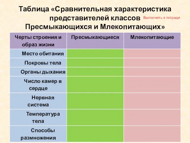 Таблица «Сравнительная характеристика представителей классов Пресмыкающихся и Млекопитающих» Выполнить в тетради