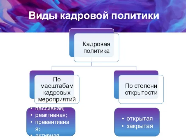 Виды кадровой политики пассивная; реактивная; превентивная; активная. открытая закрытая