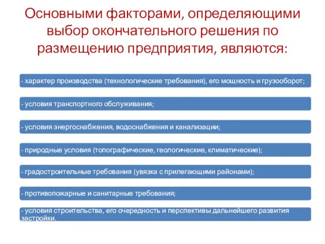 Основными факторами, определяющими выбор окончательного решения по размещению предприятия, являются: