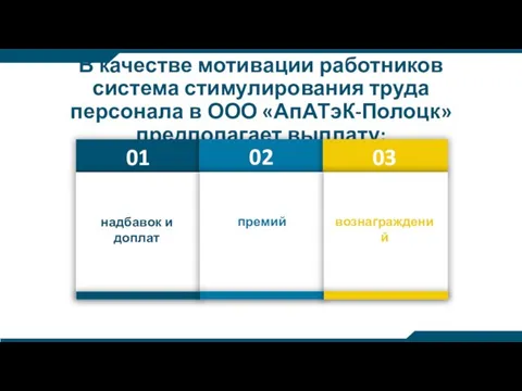 В качестве мотивации работников система стимулирования труда персонала в ООО «АпАТэК-Полоцк» предполагает выплату: 01 02 03