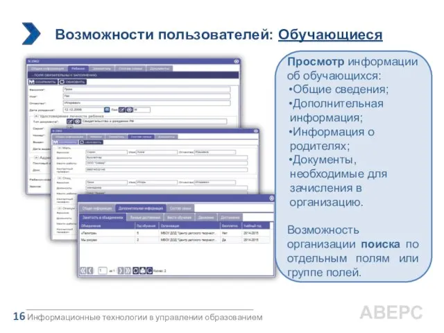 Возможности пользователей: Обучающиеся Информационные технологии в управлении образованием 16 АВЕРС Просмотр информации