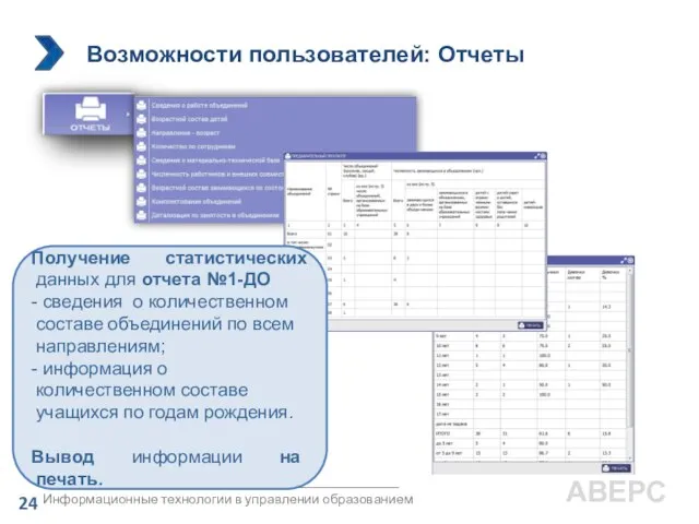 Информационные технологии в управлении образованием 24 АВЕРС Получение статистических данных для отчета