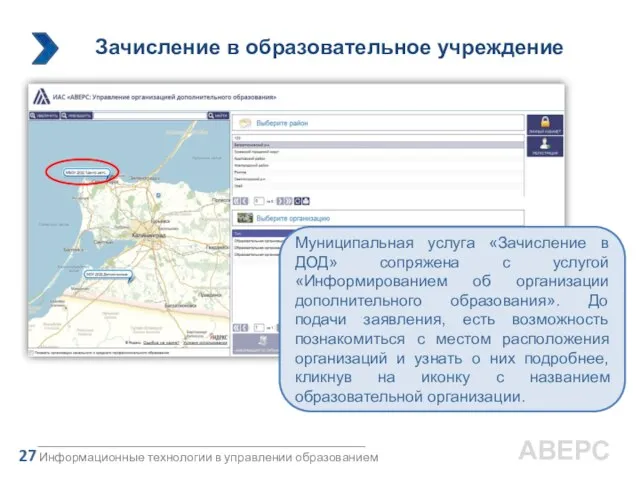 ИС«Аверс: Зачисление в ДОД» Зачисление в образовательное учреждение Информационные технологии в управлении