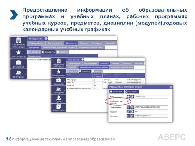 ИС «Аверс: Зачисление в ДОД» Информационные технологии в управлении образованием 32 АВЕРС