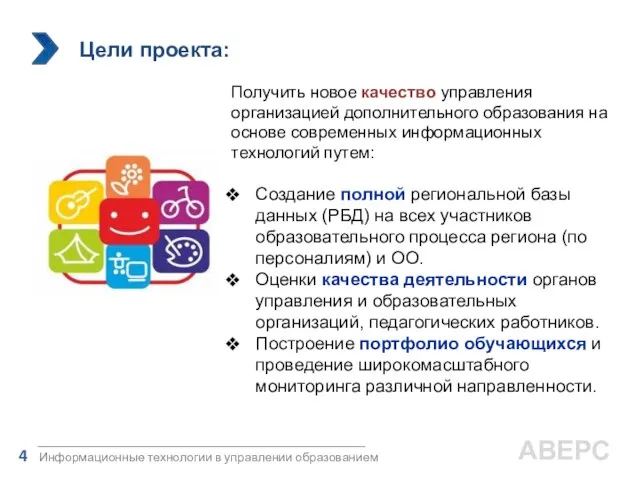 Цели проекта: Информационные технологии в управлении образованием 4 Получить новое качество управления