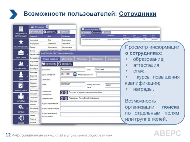 Возможности пользователей: Сотрудники Информационные технологии в управлении образованием 12 АВЕРС Просмотр информации