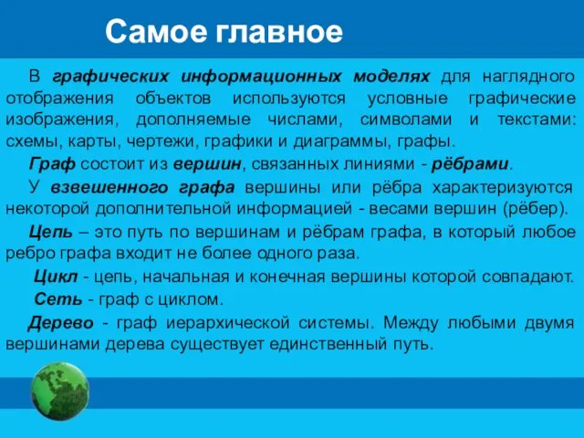 Самое главное В графических информационных моделях для наглядного отображения объектов используются условные