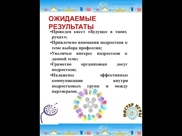 ОЖИДАЕМЫЕ РЕЗУЛЬТАТЫ Проведен квест «Будущее в твоих руках»; Привлечено внимания подростков к