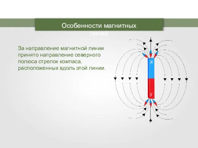 Особенности магнитных линий За направление магнитной линии принято направление северного полюса стрелок