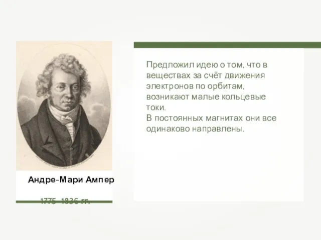 Андре-Мари Ампер 1775–1836 гг. Предложил идею о том, что в веществах за