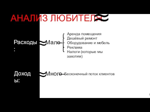 АНАЛИЗ ЛЮБИТЕЛЯ Расходы: Доходы: Мало Много Аренда помещения Дешёвый ремонт Оборудование и