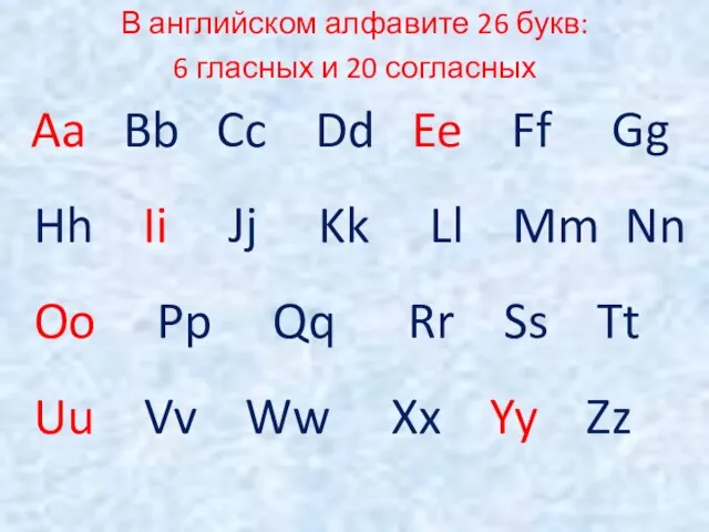 В английском алфавите 26 букв: 6 гласных и 20 согласных Aa Bb