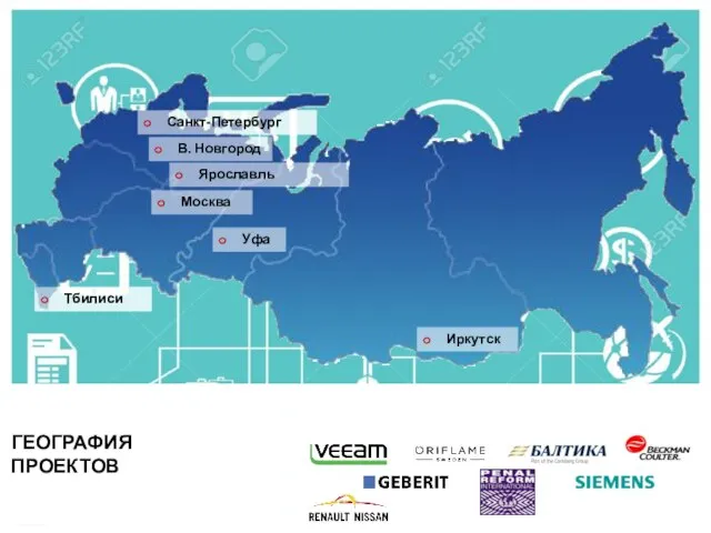 ГЕОГРАФИЯ ПРОЕКТОВ Санкт-Петербург Уфа Москва Ярославль В. Новгород Иркутск Тбилиси