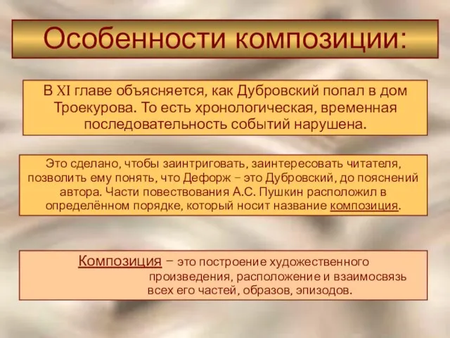 Особенности композиции: В XI главе объясняется, как Дубровский попал в дом Троекурова.