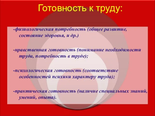 Готовность к труду: -физиологическая потребность (общее развитие, состояние здоровья, и др.) -нравственная