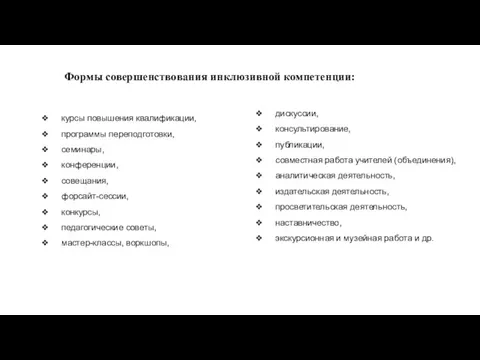 внешняя профессиональная подготовка внутреннее саморазвитие Формы совершенствования инклюзивной компетенции: курсы повышения квалификации,