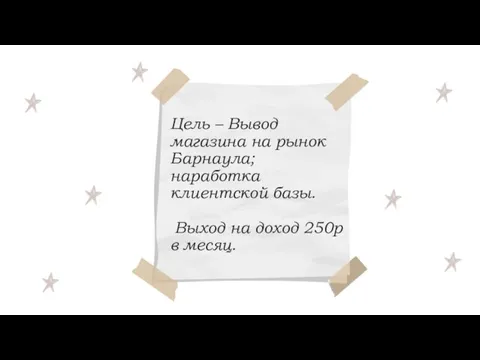 Цель – Вывод магазина на рынок Барнаула; наработка клиентской базы. Выход на доход 250р в месяц.