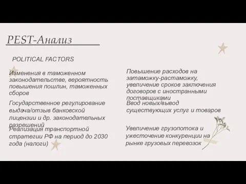 PEST-Анализ POLITICAL FACTORS Повышение расходов на затаможку-растаможку, увеличение сроков заключения договоров с