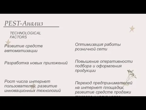 PEST-Анализ TECHNOLOGICAL FACTORS Развитие средств автоматизации Разработка новых приложений Рост числа интернет