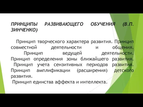 ПРИНЦИПЫ РАЗВИВАЮЩЕГО ОБУЧЕНИЯ (В.П.ЗИНЧЕНКО) Принцип творческого характера развития. Принцип совместной деятельности и