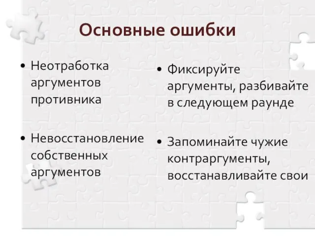 Основные ошибки Неотработка аргументов противника Невосстановление собственных аргументов Фиксируйте аргументы, разбивайте в