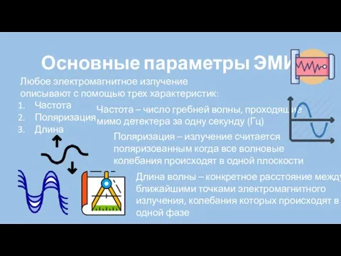 Основные параметры ЭМИ Любое электромагнитное излучение описывают с помощью трех характеристик: Частота