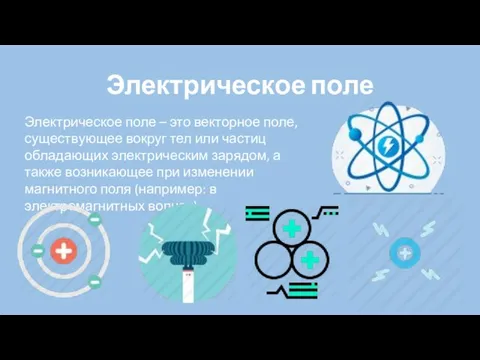 Электрическое поле Электрическое поле – это векторное поле, существующее вокруг тел или