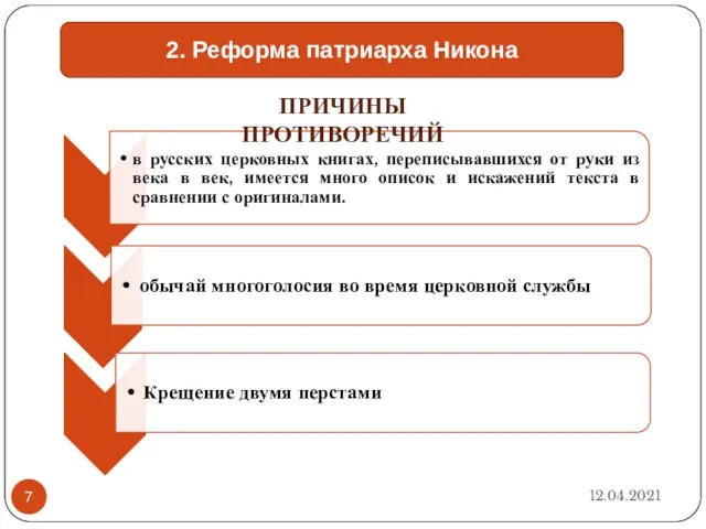 12.04.2021 2. Реформа патриарха Никона ПРИЧИНЫ ПРОТИВОРЕЧИЙ