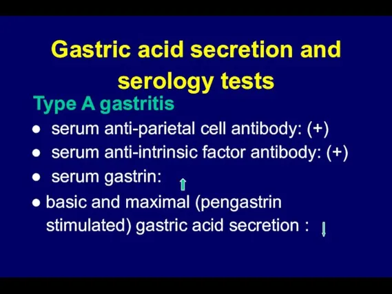 Gastric acid secretion and serology tests Type A gastritis serum anti-parietal cell
