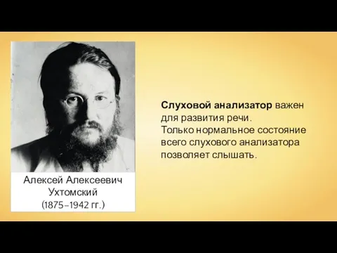 Алексей Алексеевич Ухтомский (1875–1942 гг.) Слуховой анализатор важен для развития речи. Только