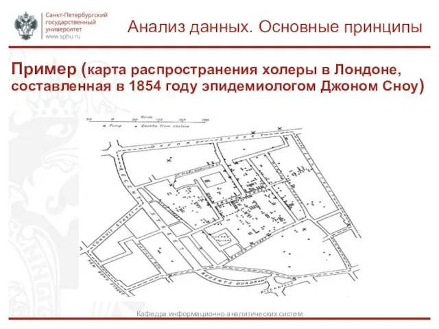 Пример (карта распространения холеры в Лондоне, составленная в 1854 году эпидемиологом Джоном